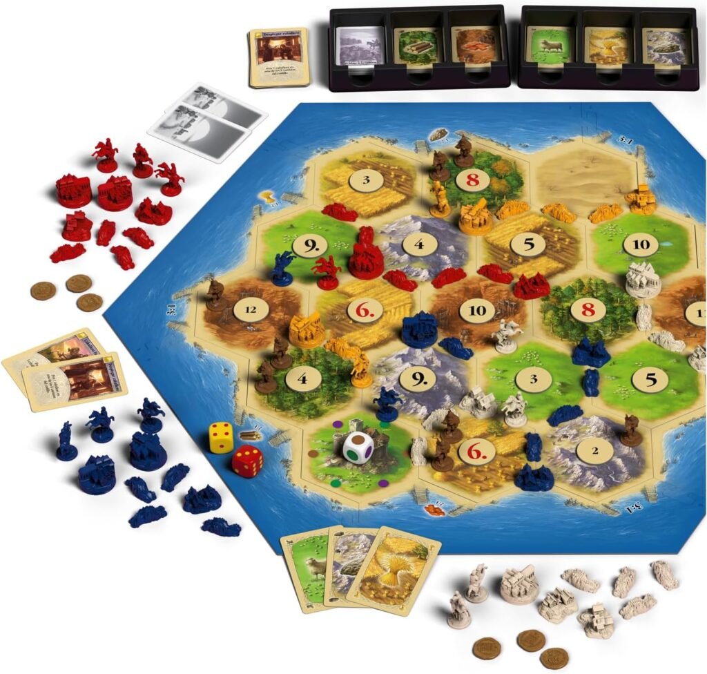 Expansión Mercaderes y Bárbaros de Catan desplegada en el tablero, con piezas, cartas y componentes del juego